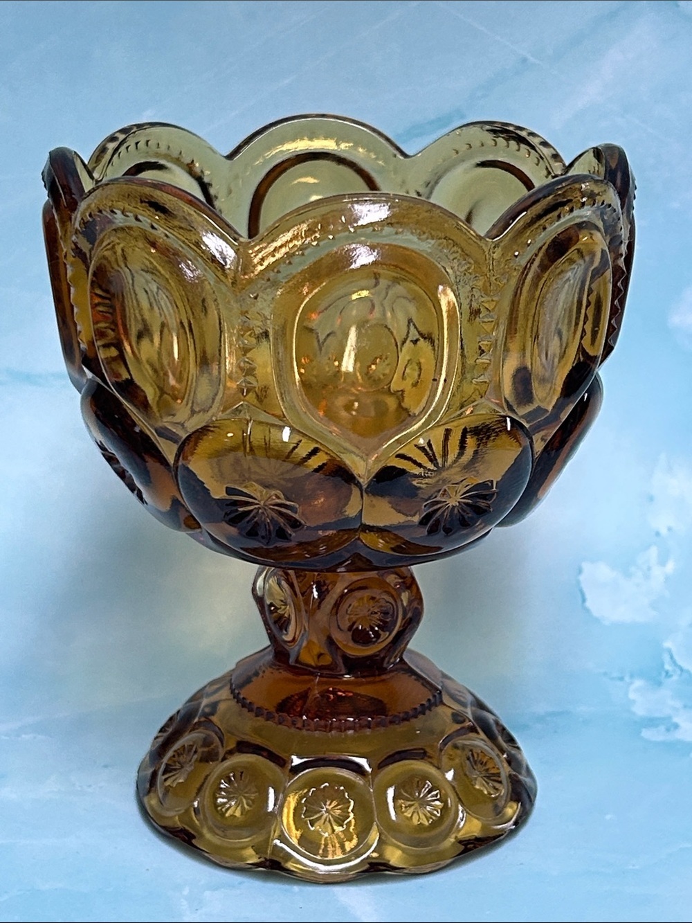 L.E Smith Amber Moon Stars Glass Compote Bowl